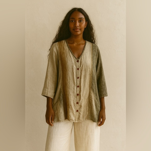 Flax Tops - FLAX 100% Linen Lagenlook Button Front Tunic Cardigan Pockets Size Small